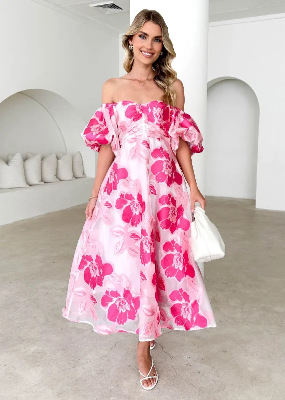 Midi dresses with pleated bodices for a classic and tailored lookAnaya Off Shoulder Midi Dress - Magenta Jacquard Midi dresses with pleated bodices for a classic and tailored lookAnaya Off Shoulder Midi Dress - Magenta Jacquard