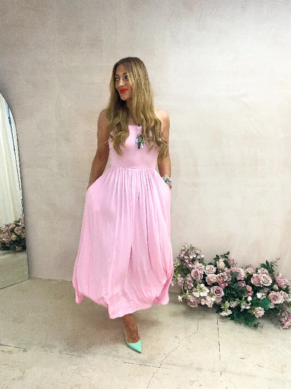Midi dresses with lace - up fronts for a unique and adjustable styleBandeau Style Full Skirt Midi Dress In Candy Pink Midi dresses with lace - up fronts for a unique and adjustable styleBandeau Style Full Skirt Midi Dress In Candy Pink