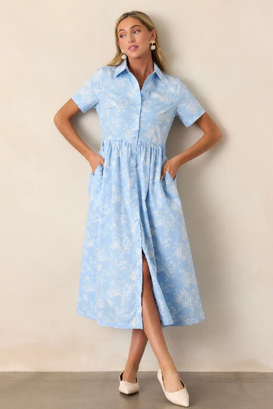 Midi dresses with pleated bodices for a classic and tailored lookBelieve It 100% Cotton Light Blue Toile Midi Dress Midi dresses with pleated bodices for a classic and tailored lookBelieve It 100% Cotton Light Blue Toile Midi Dress