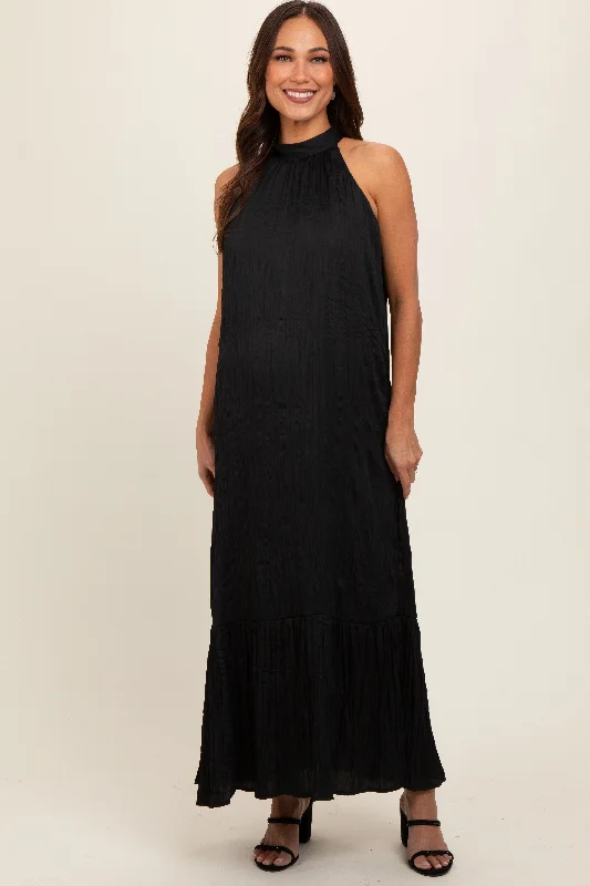 High - low midi dresses with geometric patterns for a modern partyBlack Textured Halter Tie Maternity Maxi Dress High - low midi dresses with geometric patterns for a modern partyBlack Textured Halter Tie Maternity Maxi Dress