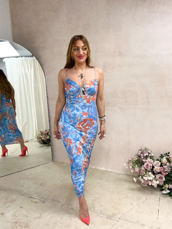 Velvet midi dresses in jewel tones for a glamorous winter eventBodice Midi Dress In Blue/Orange Floral