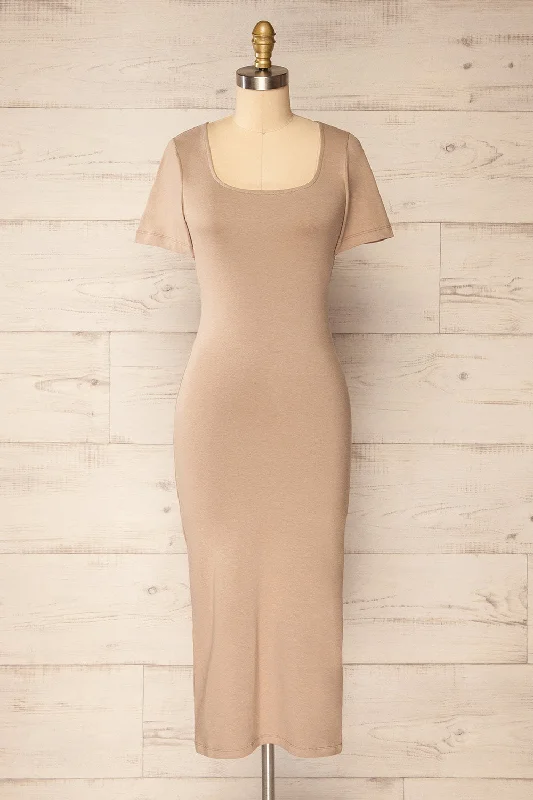 Bogota Taupe | Short Sleeve Midi Dress w/ Square Neckline