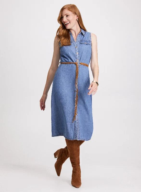 Midi dresses with wrap - around skirts for a customizable fitButton-Up Belted Denim Dress Midi dresses with wrap - around skirts for a customizable fitButton-Up Belted Denim Dress