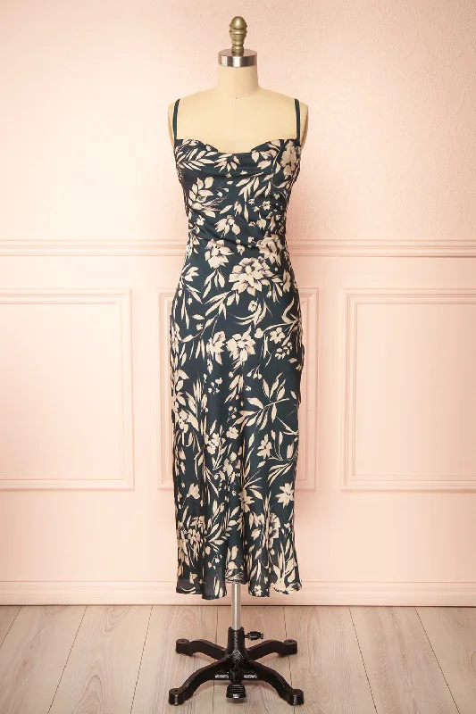 Midi dresses with satin - finish fabrics for a luxurious feelCasey | Long Dark Floral Satin Dress Midi dresses with satin - finish fabrics for a luxurious feelCasey | Long Dark Floral Satin Dress