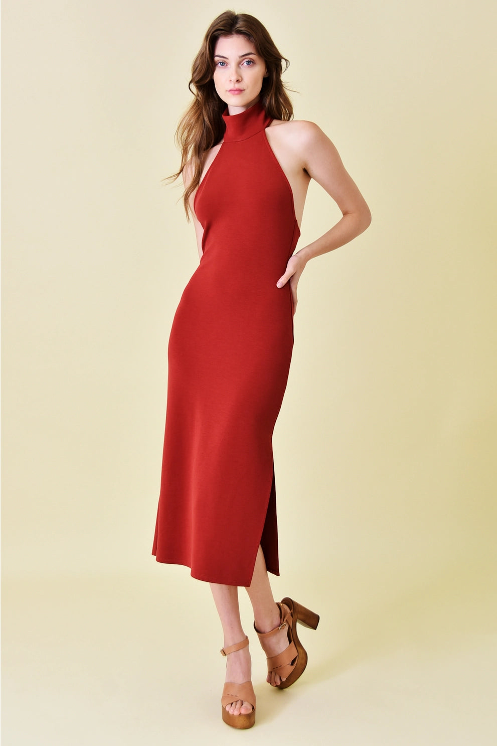 Cognac Halter Turtle Neck Midi Dress