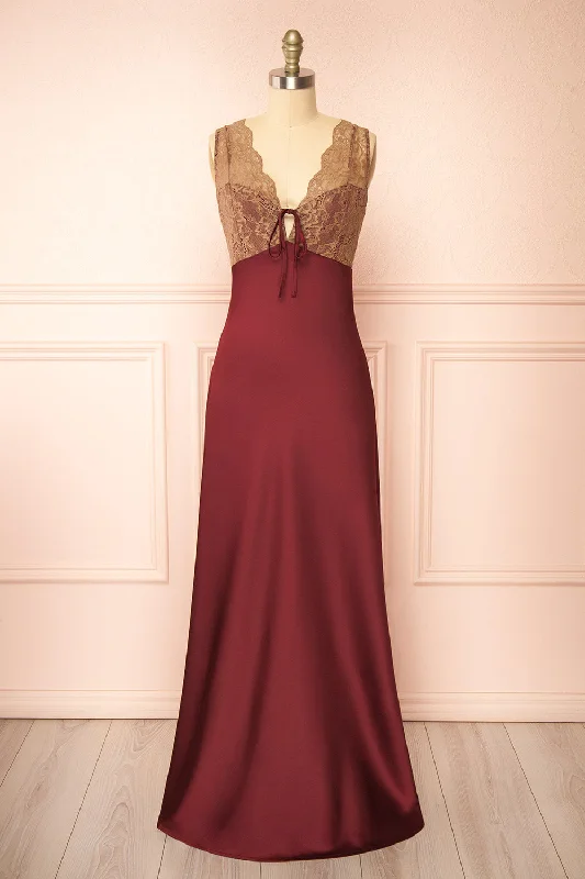 Midi dresses with embroidered accents for a unique and detailed designEvara Burgundy | Maxi Satin Slip Dress w/ Lace Midi dresses with embroidered accents for a unique and detailed designEvara Burgundy | Maxi Satin Slip Dress w/ Lace