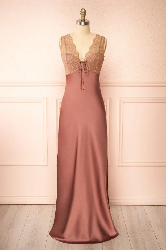 Midi dresses with button - front designs for a classic touchEvara Mauve | Maxi Satin Slip Dress w/ Lace Midi dresses with button - front designs for a classic touchEvara Mauve | Maxi Satin Slip Dress w/ Lace