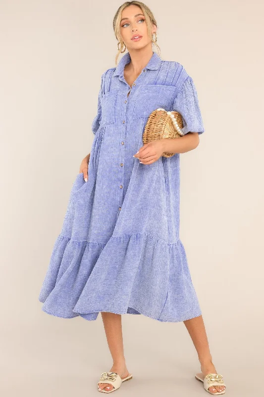 Midi dresses with polka dot prints for a playful summer outfitFind Balance Periwinkle Gauze Midi Dress