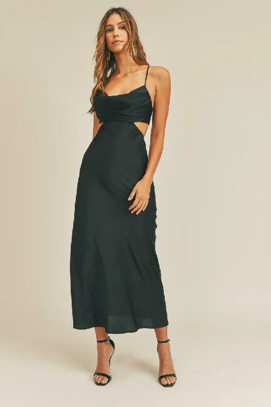 Gina Black Satin Cutout Midi Dress