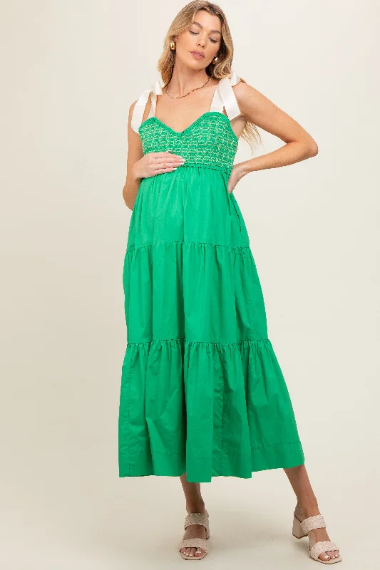 Wrap - style midi dresses in silk for a sophisticated office lookGreen Ribbon Strap Tiered Maternity Maxi Dress Wrap - style midi dresses in silk for a sophisticated office lookGreen Ribbon Strap Tiered Maternity Maxi Dress