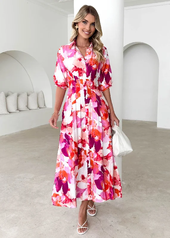 Midi dresses with embroidered accents for a unique and detailed designHampton Midi Dress - Magenta Splash Midi dresses with embroidered accents for a unique and detailed designHampton Midi Dress - Magenta Splash