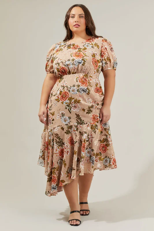 Harbin Floral Balboa Asymmetrical Midi Dress Curve