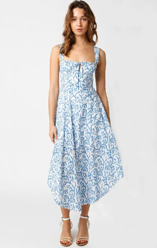 Ios White and Blue Floral Corset Midi Dress