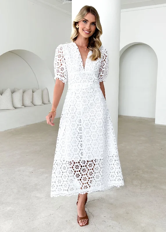 Midi dresses with cold - shoulder cutouts for a trendy styleJahra Lace Midi Dress - Off White Midi dresses with cold - shoulder cutouts for a trendy styleJahra Lace Midi Dress - Off White