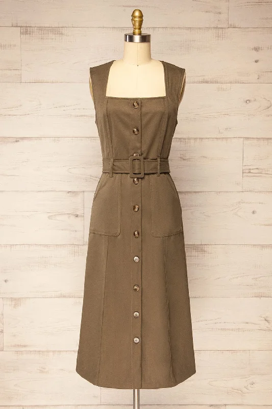 Maxi - inspired midi dresses with flowing fabrics for a beachy vibeKalias | Khaki Midi Dress w/ Belt Maxi - inspired midi dresses with flowing fabrics for a beachy vibeKalias | Khaki Midi Dress w/ Belt