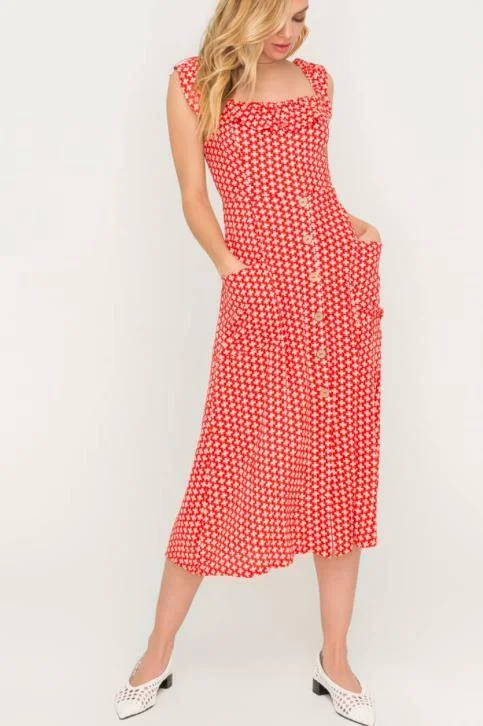 Velvet midi dresses in jewel tones for a glamorous winter eventKristen Red and Cream Print Button Front Midi Dress Velvet midi dresses in jewel tones for a glamorous winter eventKristen Red and Cream Print Button Front Midi Dress