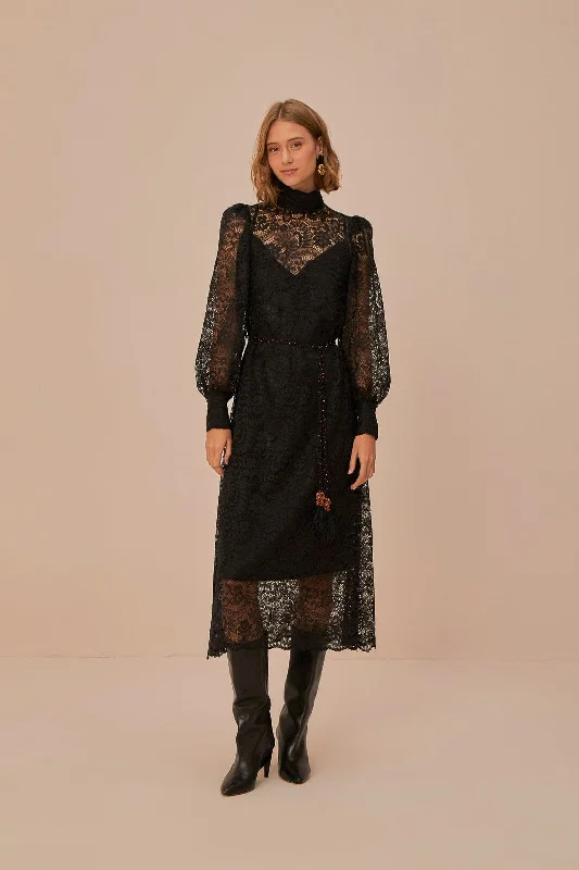 Midi dresses with tiered skirts for a bohemian festival lookLace Black Midi Dress