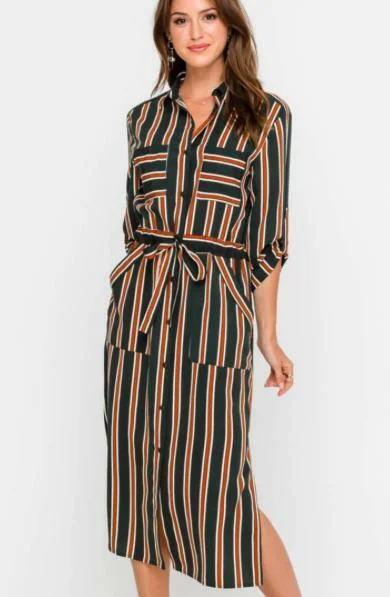 Midi dresses with keyhole backs for a flirty and unexpected detailLaura Navy and Rust Striped Midi Shirt Dress Midi dresses with keyhole backs for a flirty and unexpected detailLaura Navy and Rust Striped Midi Shirt Dress