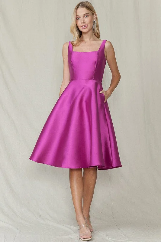 Lavander Square Neck Solid Color Taffeta Dress