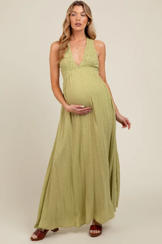 Lime Deep V-Neck Cross Back Maternity Maxi Dress