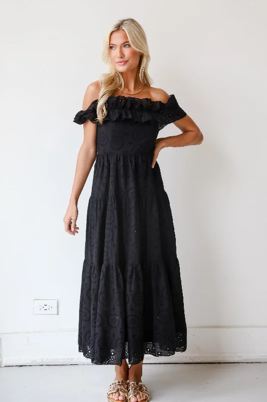 FINAL SALE - Lush Loveliness Black Eyelet Tiered Midi Dress