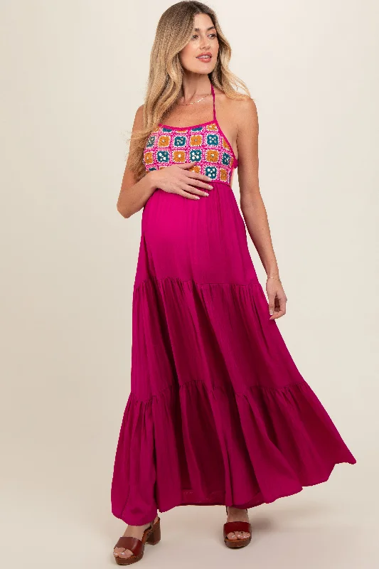 Midi dresses with wrap - around skirts for a customizable fitMagenta Crochet Cutout Halter Maternity Maxi Dress Midi dresses with wrap - around skirts for a customizable fitMagenta Crochet Cutout Halter Maternity Maxi Dress