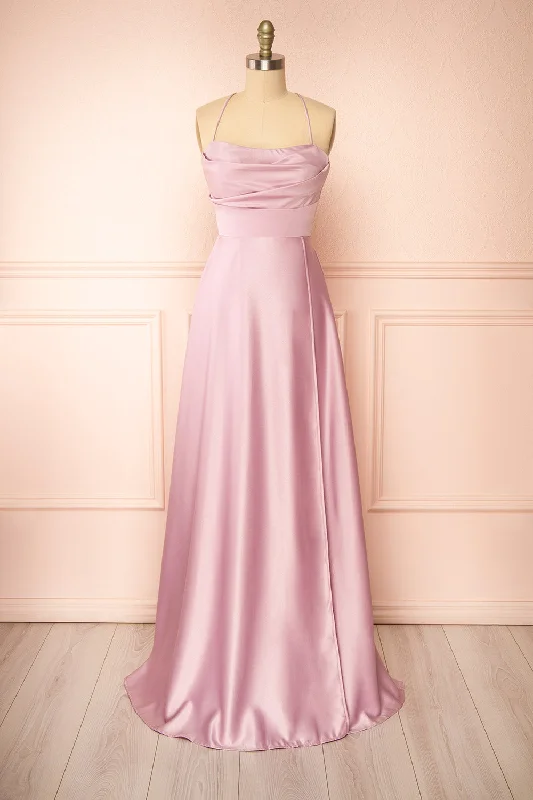 Marlys Mauve | Cowl Neck Satin Maxi Dress w/ High Slit