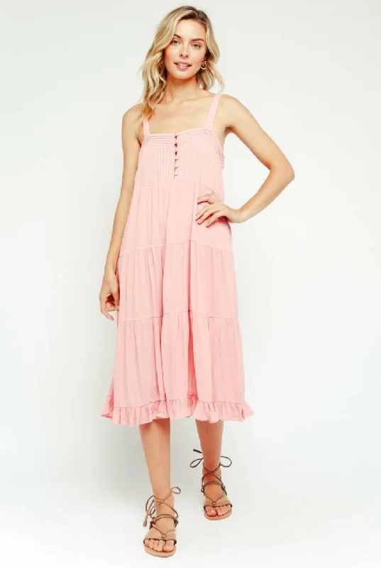 Midi dresses with patchwork patterns for a one - of - a - kind styleMelina Pink Tiered Midi Tank Dress Midi dresses with patchwork patterns for a one - of - a - kind styleMelina Pink Tiered Midi Tank Dress