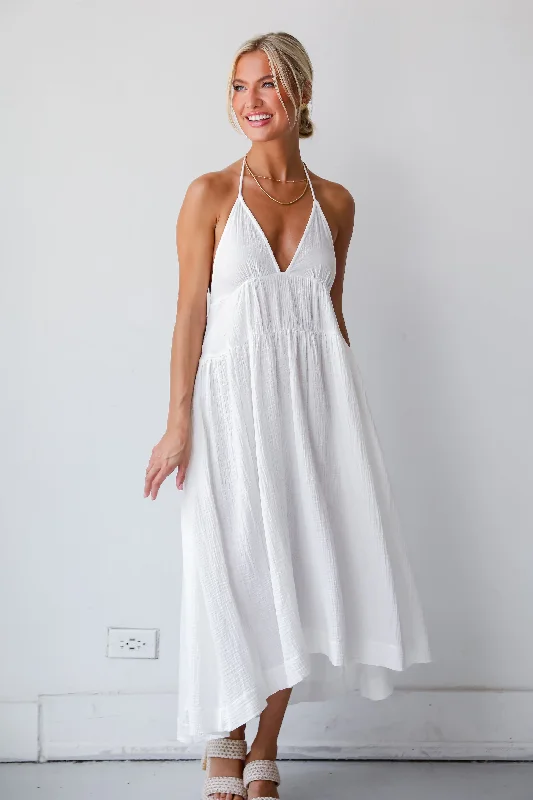 Midi dresses with ruffled bodices for a more pronounced feminine lookFINAL SALE - Memorable Entrance White Linen Halter Midi Dress Midi dresses with ruffled bodices for a more pronounced feminine lookFINAL SALE - Memorable Entrance White Linen Halter Midi Dress