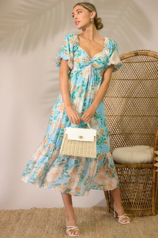 Midi dresses with embroidered accents for a unique and detailed designMINKPINK Evelyn Light Blue Puff Sleeve Midi Dress Midi dresses with embroidered accents for a unique and detailed designMINKPINK Evelyn Light Blue Puff Sleeve Midi Dress