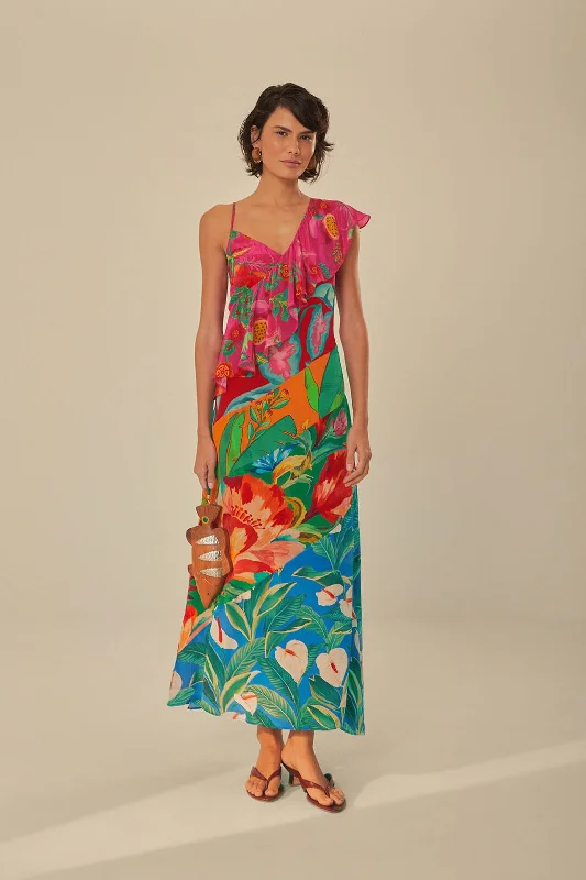 High - low midi dresses with geometric patterns for a modern partyMixed Flowery Rufle One Strap Midi Dress High - low midi dresses with geometric patterns for a modern partyMixed Flowery Rufle One Strap Midi Dress