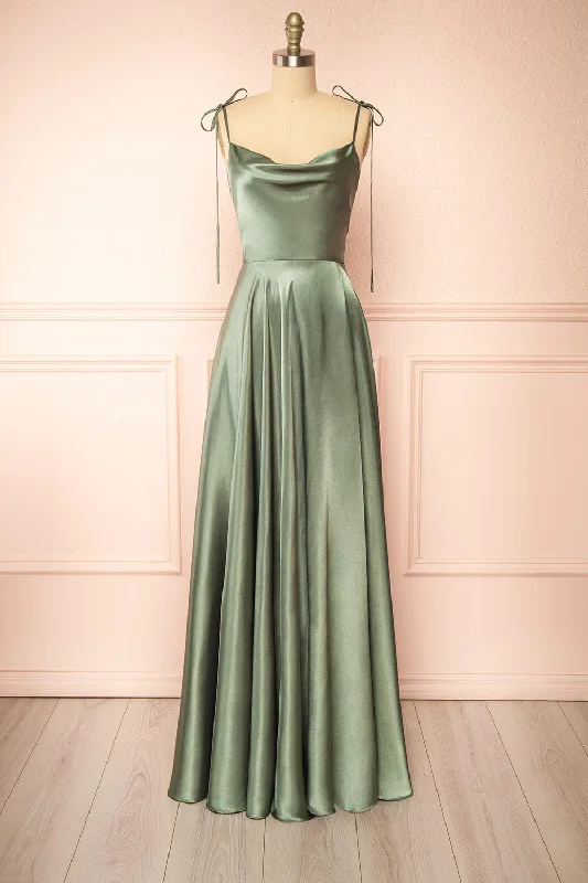 Wrap - style midi dresses in silk for a sophisticated office lookMoira Khaki | Cowl Neck Satin Maxi Dress w/ High Slit Wrap - style midi dresses in silk for a sophisticated office lookMoira Khaki | Cowl Neck Satin Maxi Dress w/ High Slit