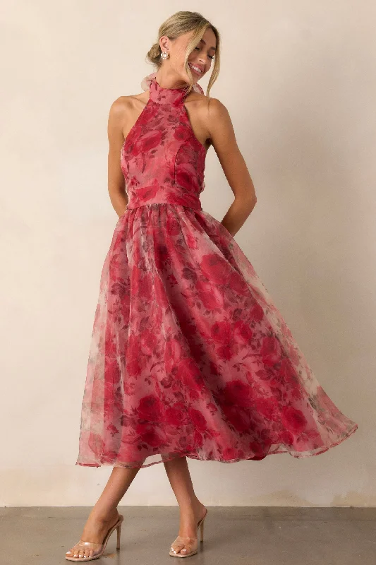 Midi dresses with abstract art prints for an artistic statementMorning Song Brick Red Floral Halter Midi Dress Midi dresses with abstract art prints for an artistic statementMorning Song Brick Red Floral Halter Midi Dress