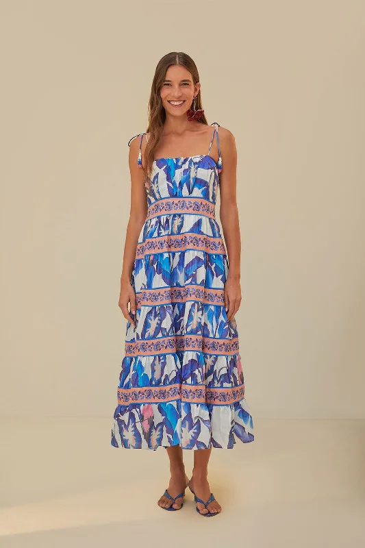 Midi dresses with tassel accents for a bohemian and free - spirited styleOff-White Blue Foliage Midi Dress Midi dresses with tassel accents for a bohemian and free - spirited styleOff-White Blue Foliage Midi Dress