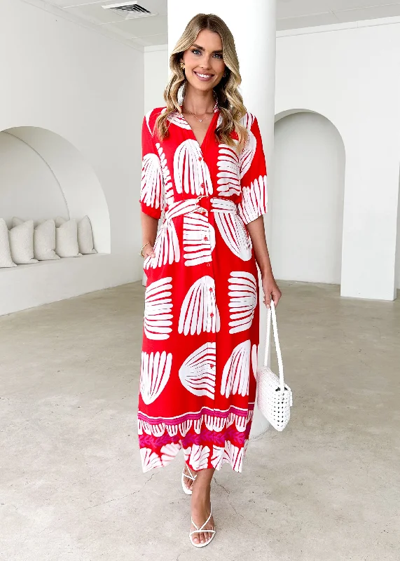 Midi dresses with geometric cutouts for a contemporary and edgy lookParisa Midi Dress - Tallulah Red Midi dresses with geometric cutouts for a contemporary and edgy lookParisa Midi Dress - Tallulah Red