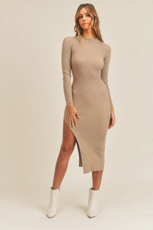 Pauline Taupe Ribbed Bodycon Midi Dress