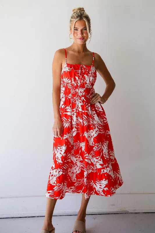Midi dresses with side slits for a sexy and elegant appearanceFINAL SALE - Perfect Paradise Orange Tropical Print Midi Dress Midi dresses with side slits for a sexy and elegant appearanceFINAL SALE - Perfect Paradise Orange Tropical Print Midi Dress