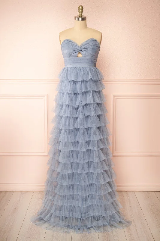 Qila Blue | Strapless Tulle Ruffled Dress