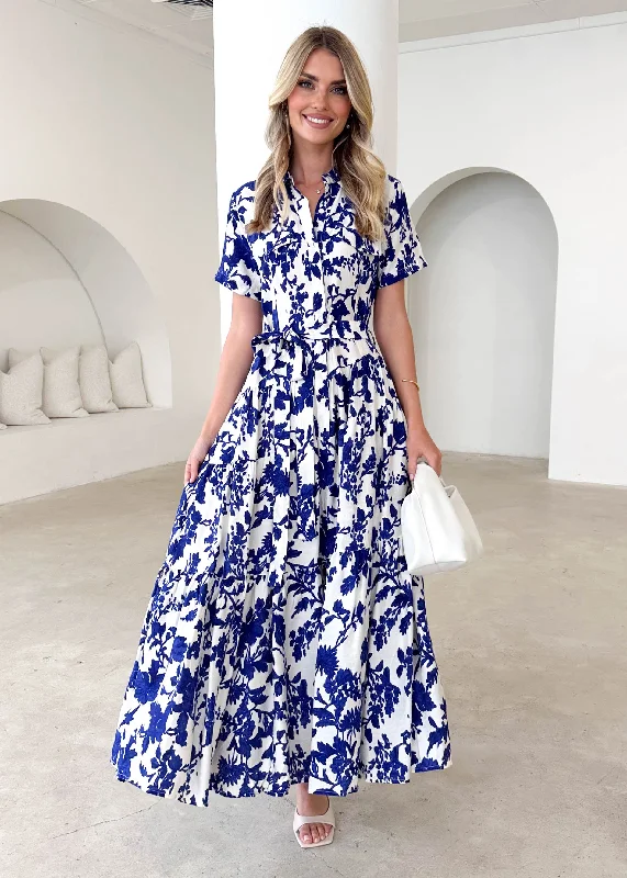 Midi dresses with button - front designs for a classic touchReggie Midi Dress - Blue Floral Midi dresses with button - front designs for a classic touchReggie Midi Dress - Blue Floral