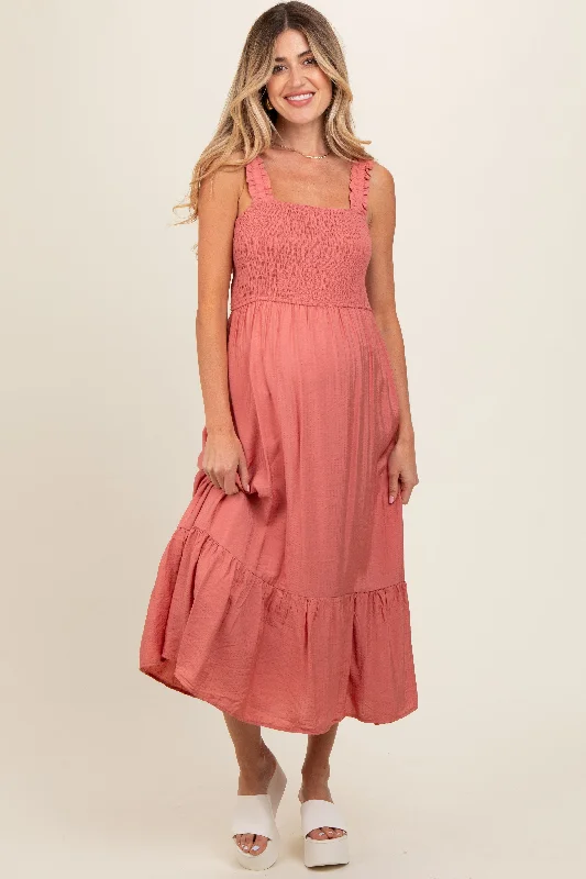 Midi dresses with cotton - blend materials for everyday comfortRust Smocked Bodice Maternity Maxi Dress Midi dresses with cotton - blend materials for everyday comfortRust Smocked Bodice Maternity Maxi Dress