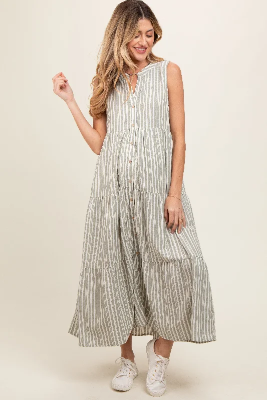 Midi dresses with side slits for a sexy and elegant appearanceSage Striped Sleeveless Tiered Linen Maternity Midi Dress Midi dresses with side slits for a sexy and elegant appearanceSage Striped Sleeveless Tiered Linen Maternity Midi Dress
