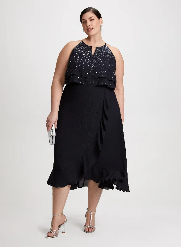 Midi dresses with V - necklines for a flattering and elongating effectSequin Spray Midi Dress Midi dresses with V - necklines for a flattering and elongating effectSequin Spray Midi Dress