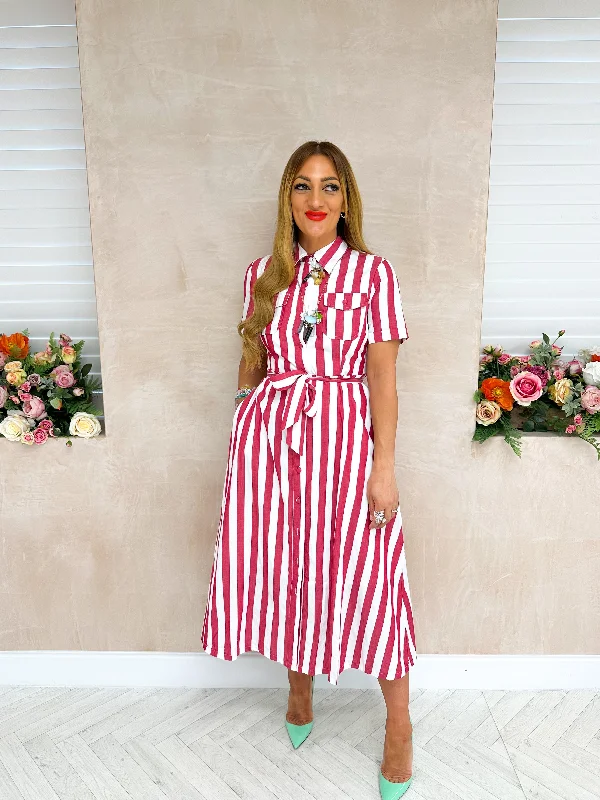 Midi dresses with fringe details for a fun and energetic styleShirt Midi Dress In Red And White Stripe Midi dresses with fringe details for a fun and energetic styleShirt Midi Dress In Red And White Stripe