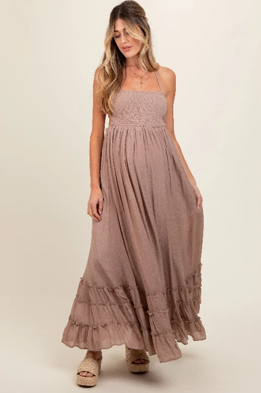 Midi dresses with abstract art prints for an artistic statementTaupe Smocked Halter Cutout Maternity Maxi Dress Midi dresses with abstract art prints for an artistic statementTaupe Smocked Halter Cutout Maternity Maxi Dress