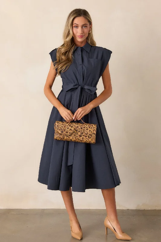 Midi dresses with animal prints for a bold and confident appearanceTies To You 100% Cotton Navy Cap Sleeve Midi Dress Midi dresses with animal prints for a bold and confident appearanceTies To You 100% Cotton Navy Cap Sleeve Midi Dress