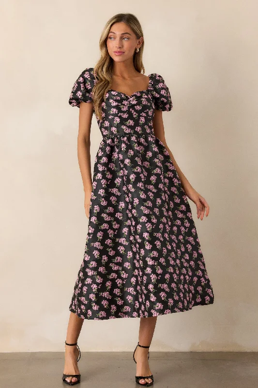 Midi dresses with halter necks for a stylish and comfortable optionTime Flies Black Floral Jacquard Puff Sleeve Midi Dress Midi dresses with halter necks for a stylish and comfortable optionTime Flies Black Floral Jacquard Puff Sleeve Midi Dress
