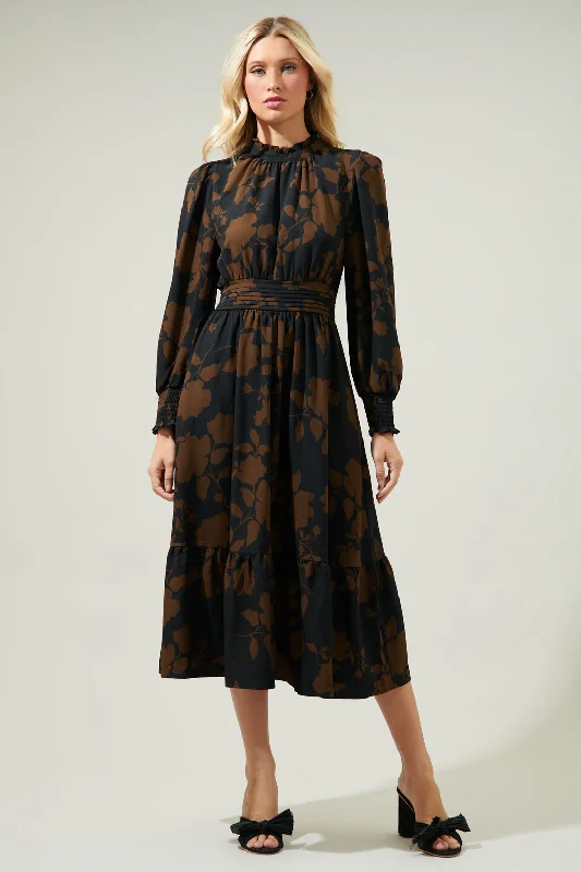 Toffee Floral Caitlyn Smock Sleeve Midi Dress