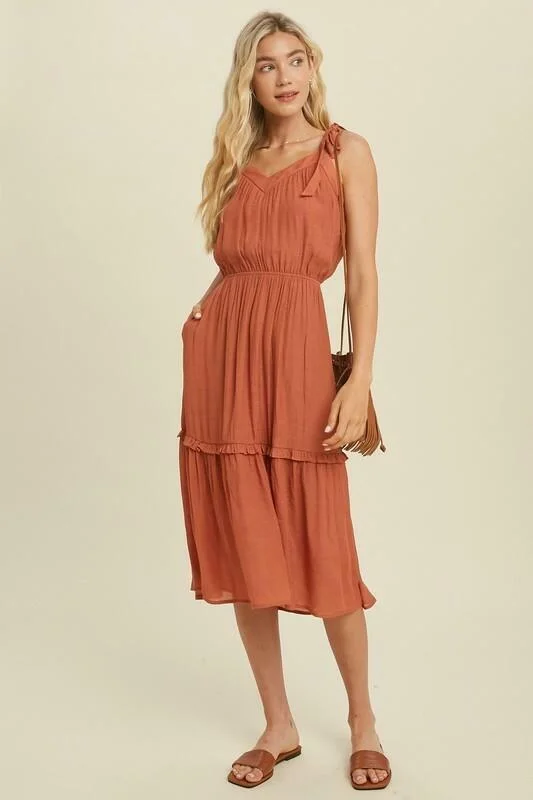 Why Wait Brick Tie-Strap Midi Dress