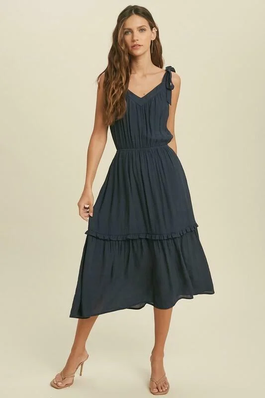 Why Wait Midnight Navy Tie-Strap Midi Dress