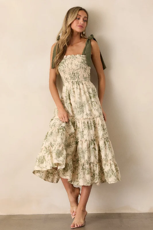 Midi dresses with ruffled sleeves for a more feminine and voluminous lookWildflower Whisper 100% Cotton Ivory Green Floral Midi Dress Midi dresses with ruffled sleeves for a more feminine and voluminous lookWildflower Whisper 100% Cotton Ivory Green Floral Midi Dress